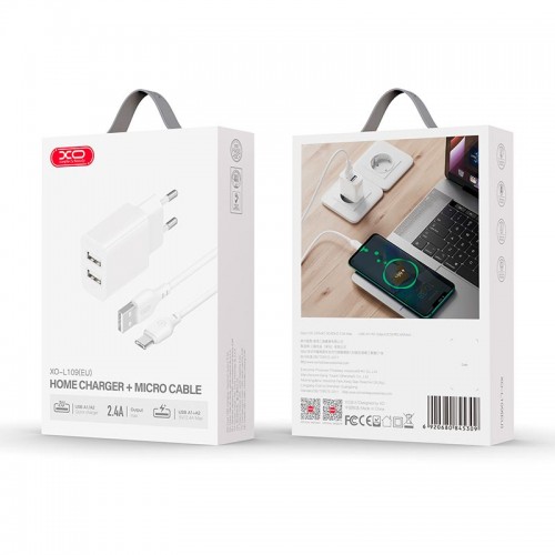 Адаптер сетевой XO Micro USB Cable Dual USB Charger L109 |2USB, 2.4A| белый