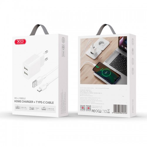 Адаптер сетевой XO Type-C Cable Dual USB Charger L109 |2USB, 2.4A| белый