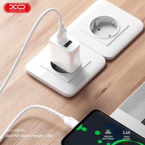 Адаптер мережний XO Type-C Cable Dual USB Charger L109 |2USB, 2.4A| white