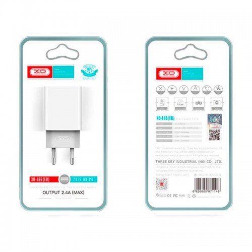 Адаптер мережний XO Dual USB charger L65 |2USB, 2.4A| white