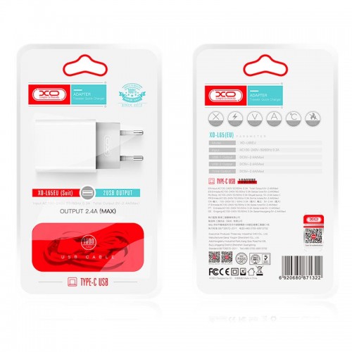 Адаптер сетевой XO Type-C Cable Dual USB charger L65 |2USB, 2.4A|