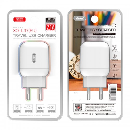 Адаптер мережний XO charger L37 |1USB, 2.1A| white