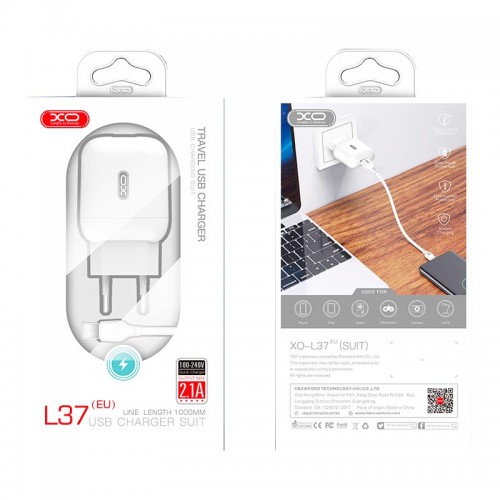 Адаптер мережний XO Type-C Cable charger L37 |1USB, 2.1A| white