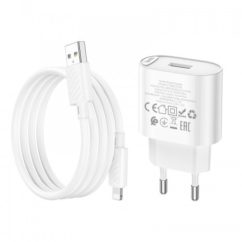 Адаптер мережевий HOCO Lightning Cable Fighter single port charger set C109A |1USB, 2.1A/10.5W| white
