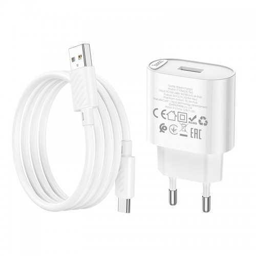 Адаптер сетевой HOCO Type-C Cable Fighter с одним портом зарядного устройства набор C109A |1USB, 2.1A/10.5W| белый