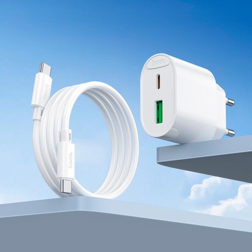 Адаптер мережевий HOCO Type-C to Type-C Fighter charger set C109A |1Type-C/1USB, 3A/20W, PD/QC| white