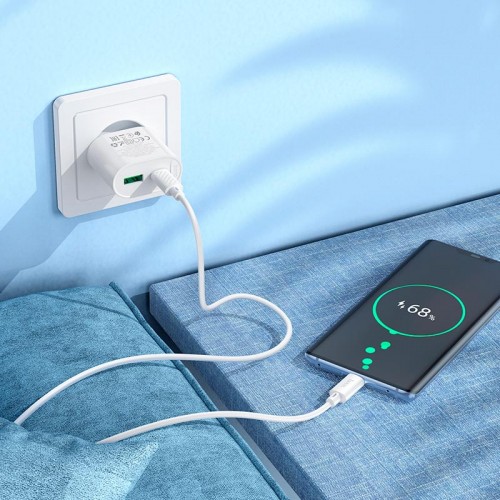 Адаптер мережевий HOCO Type-C to Type-C Fighter charger set C109A |1Type-C/1USB, 3A/20W, PD/QC| white