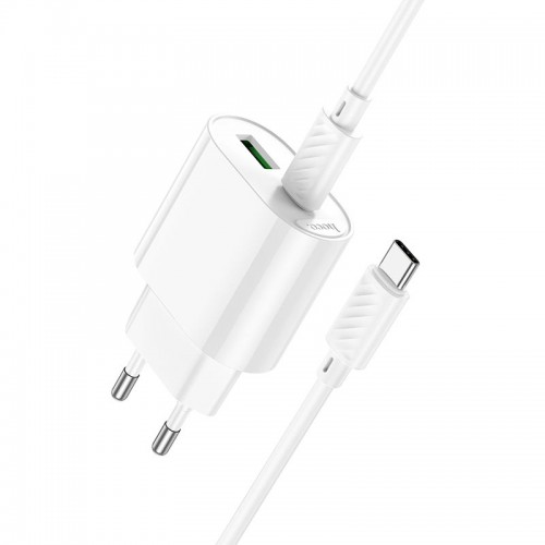 Адаптер мережевий HOCO Type-C to Type-C Fighter charger set C109A |1Type-C/1USB, 3A/20W, PD/QC| white