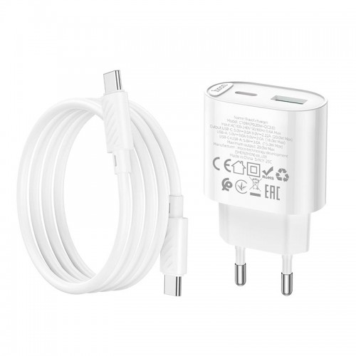 Адаптер мережевий HOCO Type-C to Type-C Fighter charger set C109A |1Type-C/1USB, 3A/20W, PD/QC| white
