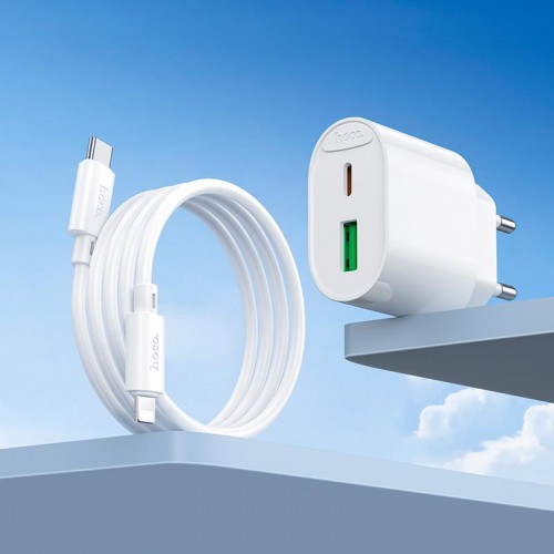 Адаптер мережний HOCO Type-C to Lightning Fighter charger set C109A |1Type-C/1USB, 3A/20W, PD/QC| white