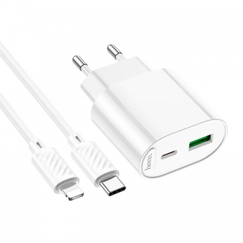 Адаптер мережний HOCO Type-C to Lightning Fighter charger set C109A |1Type-C/1USB, 3A/20W, PD/QC| white