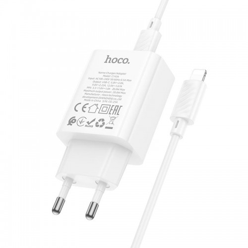 Адаптер мережевий HOCO Type-C to Lightning Benefit single port charger set C143A |1Type-C, 3A/20W, PD/QC| white