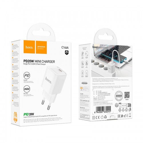 Адаптер мережевий HOCO Charm single port PD charger C146A |1Type-C, 20W/3A, PD/QC| white