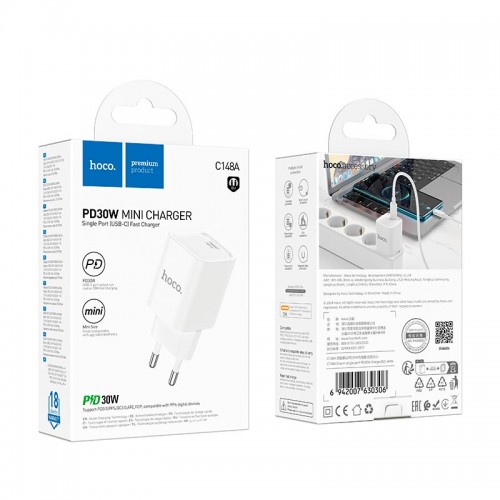 Адаптер мережевий HOCO Charm single port charger C148A |1Type-C, 30W/3A, PD/QC| white