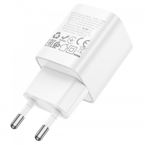 Адаптер мережевий HOCO Charm single port charger C148A |1Type-C, 30W/3A, PD/QC| white