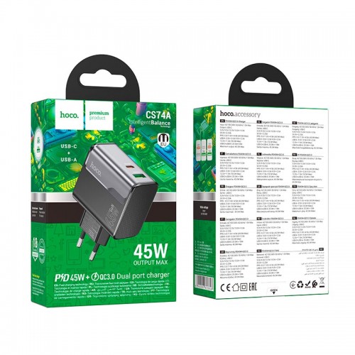 Адаптер мережевий HOCO Star Speed charger CS74A |1Type-C/1USB, 3A/45W, PD/QC| black