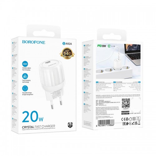 Адаптер мережевий Borofone Lustrous single port charger BA92A |1Type-C, 3A/20W, PD/QC| white