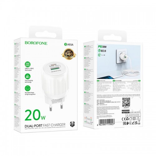 Адаптер сетевой Borofone Lustrous charger BA93A |1USB/1Type-C, 20W/3A, PD/QC|