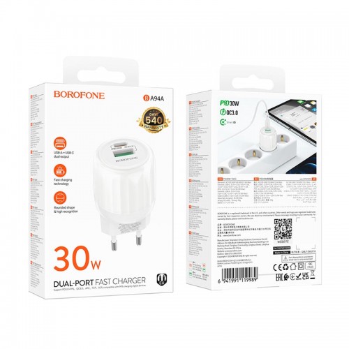 Адаптер сетевой Borofone Lustrous charger BA94A |1USB/1Type-C, 30W/3A, PD/QC|