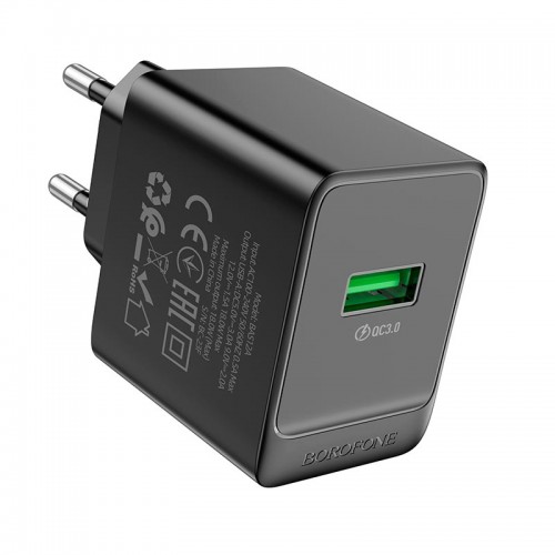 Адаптер мережевий Borofone Erudite single port charger BAS12A |1USB, 18W/3A, QC/PD| black