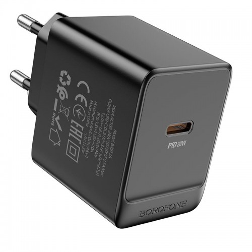 Адаптер мережевий Borofone Erudite single port charger BAS13A |1Type-C, 20W/3A, PD/QC| black