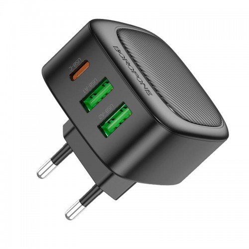 Адаптер мережевий Borofone Lucky PD charger BAS23A |2USB/1Type-C, 30W/3A, PD/QC| black