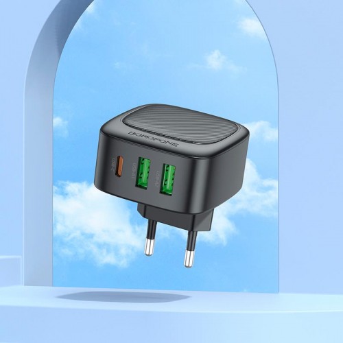Адаптер мережевий Borofone Lucky PD charger BAS23A |2USB/1Type-C, 30W/3A, PD/QC| black