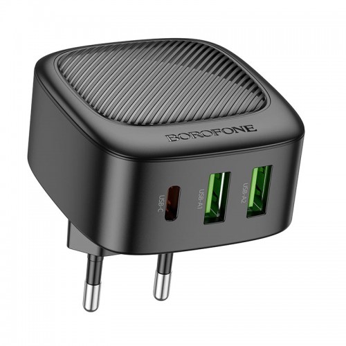 Адаптер мережевий Borofone Lucky PD charger BAS23A |2USB/1Type-C, 30W/3A, PD/QC| black