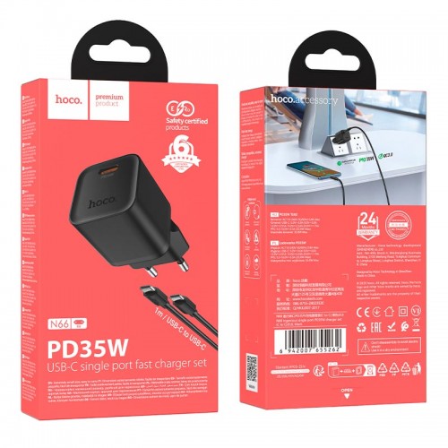 Адаптер мережевий HOCO C to C cable Ingenious single port PD charger set N66 |1Type-C, 35W/3A, PD/QC| black