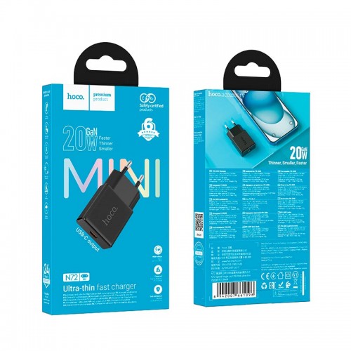 Адаптер мережевий HOCO Speed single-port PD ultra-thin charger N72 |1Type-C, 20W/3A, PD/QC| black