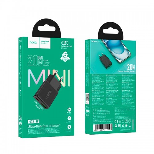 Адаптер мережевий HOCO Speed PD ultra-thin charger N73 |1Type-C/1USB, 20W/3A, PD/QC| black