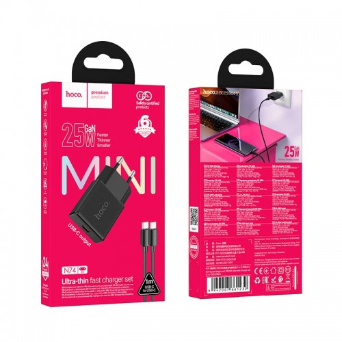 Адаптер мережевий HOCO C to C cable Speed single-port PD ultra-thin charger set N74 |1Type-C, 25W/3A, PD/QC| black