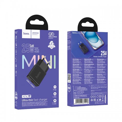 Адаптер мережевий HOCO Speed single-port PD ultra-thin charger N74 |1Type-C, 25W/3A, PD/QC| black