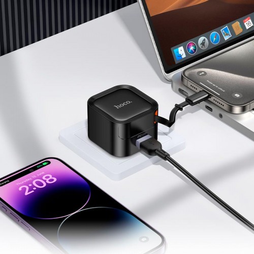 Адаптер мережевий HOCO Changer PD charger with telescopic cable C154A |1USB/1Type-C, 20W/3A, PD/QC black