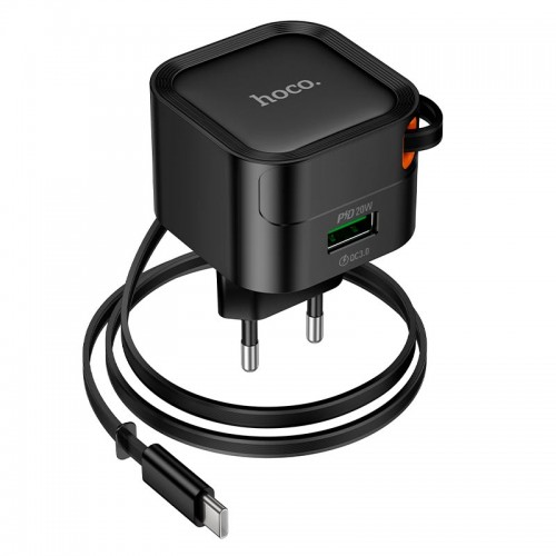 Адаптер мережевий HOCO Changer PD charger with telescopic cable C154A |1USB/1Type-C, 20W/3A, PD/QC black
