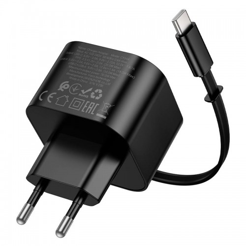 Адаптер мережевий HOCO Changer PD charger with telescopic cable C154A |1USB/1Type-C, 20W/3A, PD/QC black