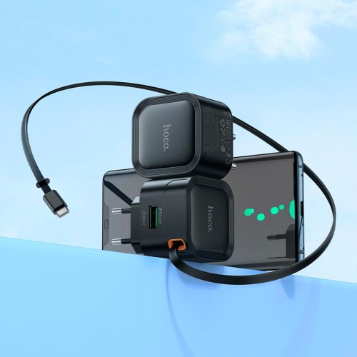 Адаптер мережевий HOCO Changer PD charger with telescopic cable C154A |1USB/1Type-C, 20W/3A, PD/QC black
