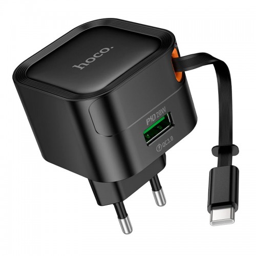 Адаптер мережевий HOCO Changer PD charger with telescopic cable C154A |1USB/1Type-C, 20W/3A, PD/QC black