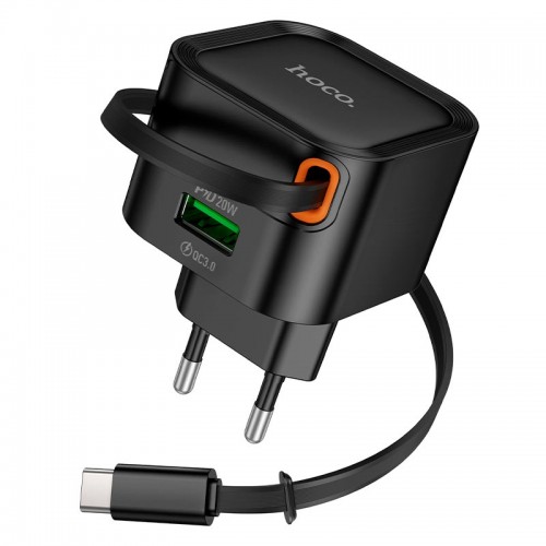 Адаптер мережевий HOCO Changer PD charger with telescopic cable C154A |1USB/1Type-C, 20W/3A, PD/QC black