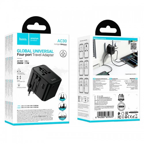 Адаптер сетевой HOCO Changer 4-port universal charger AC30 |2USB/2Type-C, 17W Max|
