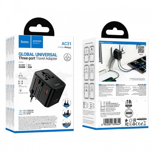 Адаптер сетевой HOCO Changer 3-port PD universal charger AC31 |1USB/2TypeC, PD/QC, 25W/3.4A|