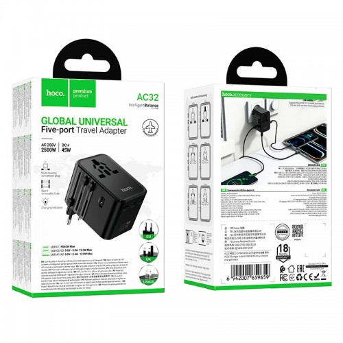 Адаптер мережевий HOCO Changer 5-port PD universal charger AC32 |2USB/3TypeC, PD/QC, 45W/3A| black