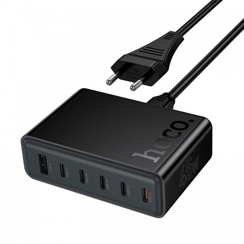 Адаптер мережевий HOCO Modern PD 6-port desktop charger C150A |1USB/5Type-C, 45W/3A, PD/QC| black