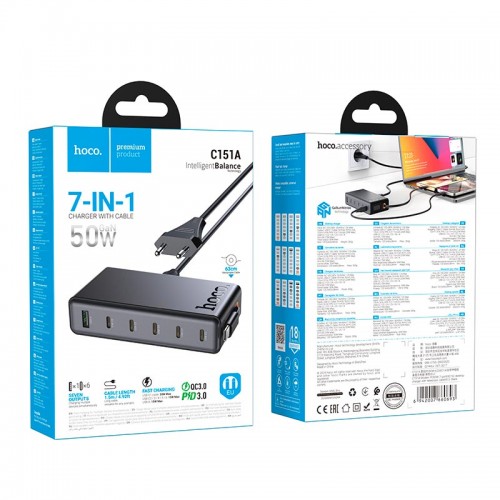 Адаптер мережевий HOCO Modern PD робочий стіл з telescopic cable C151A |1USB/6Type-C, 50W/3A, PD/QC| black