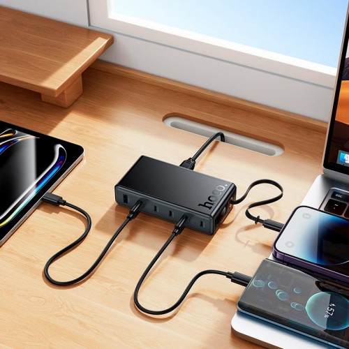 Адаптер мережевий HOCO Modern PD робочий стіл з telescopic cable C151A |1USB/6Type-C, 50W/3A, PD/QC| black