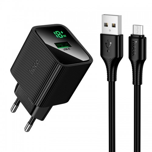 Адаптер мережний HOCO Micro USB cable set Excellent single port charger with digital display CS81A |1USB, 18W/3A, QC3.0| black