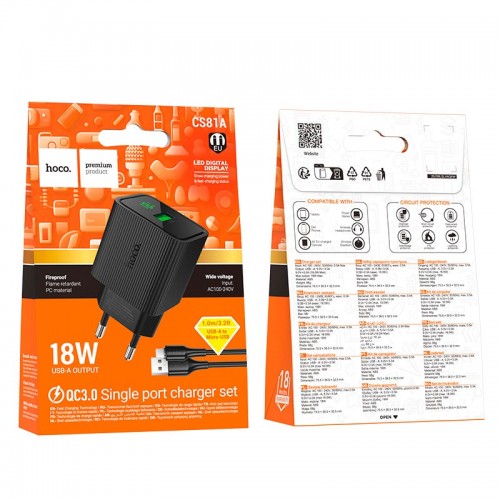 Адаптер мережний HOCO Micro USB cable set Excellent single port charger with digital display CS81A |1USB, 18W/3A, QC3.0| black