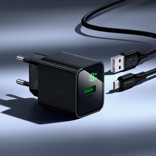 Адаптер мережний HOCO Micro USB cable set Excellent single port charger with digital display CS81A |1USB, 18W/3A, QC3.0| black