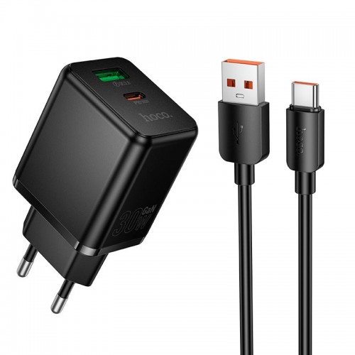 Адаптер мережний HOCO Type-C cable set Smart PD multi-protocol charger C157A |1USB/1Type-C, 30W/3A, PD/QC| black