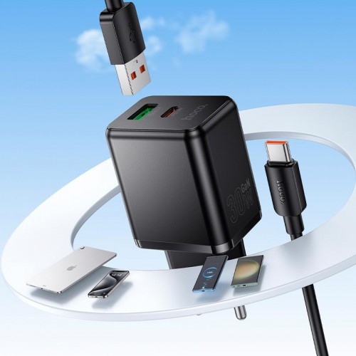Адаптер мережний HOCO Type-C cable set Smart PD multi-protocol charger C157A |1USB/1Type-C, 30W/3A, PD/QC| black